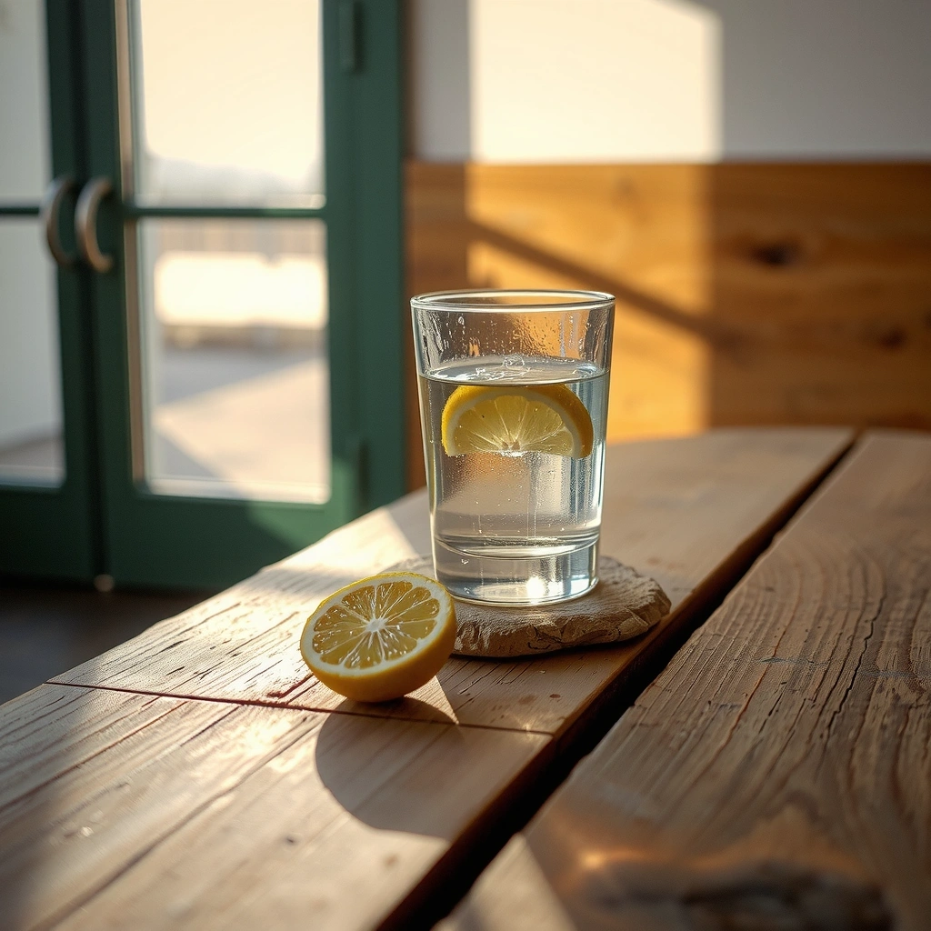 Glas Wasser mit Zitrone am Morgen